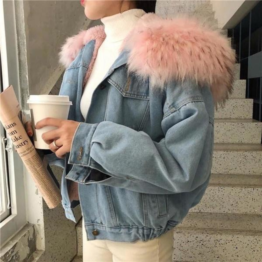 Pink Faux Fur Hooded Denim Jacket, Size Small